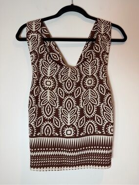 NWT Rose + Olive Brown White Boho Patterned Cross Back Tank Top Size Large